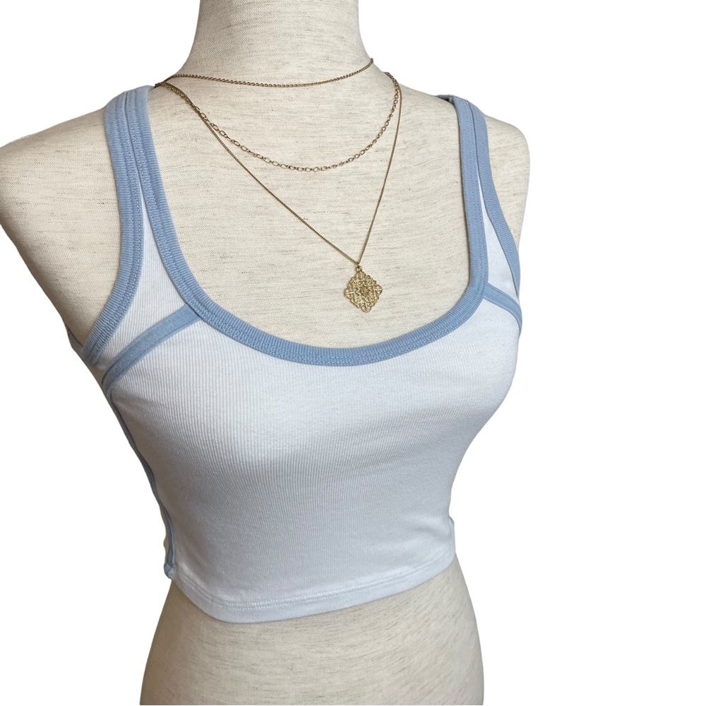 Brandy Melville Cropped White Tank Top With Baby Blue Trim Women’s Small